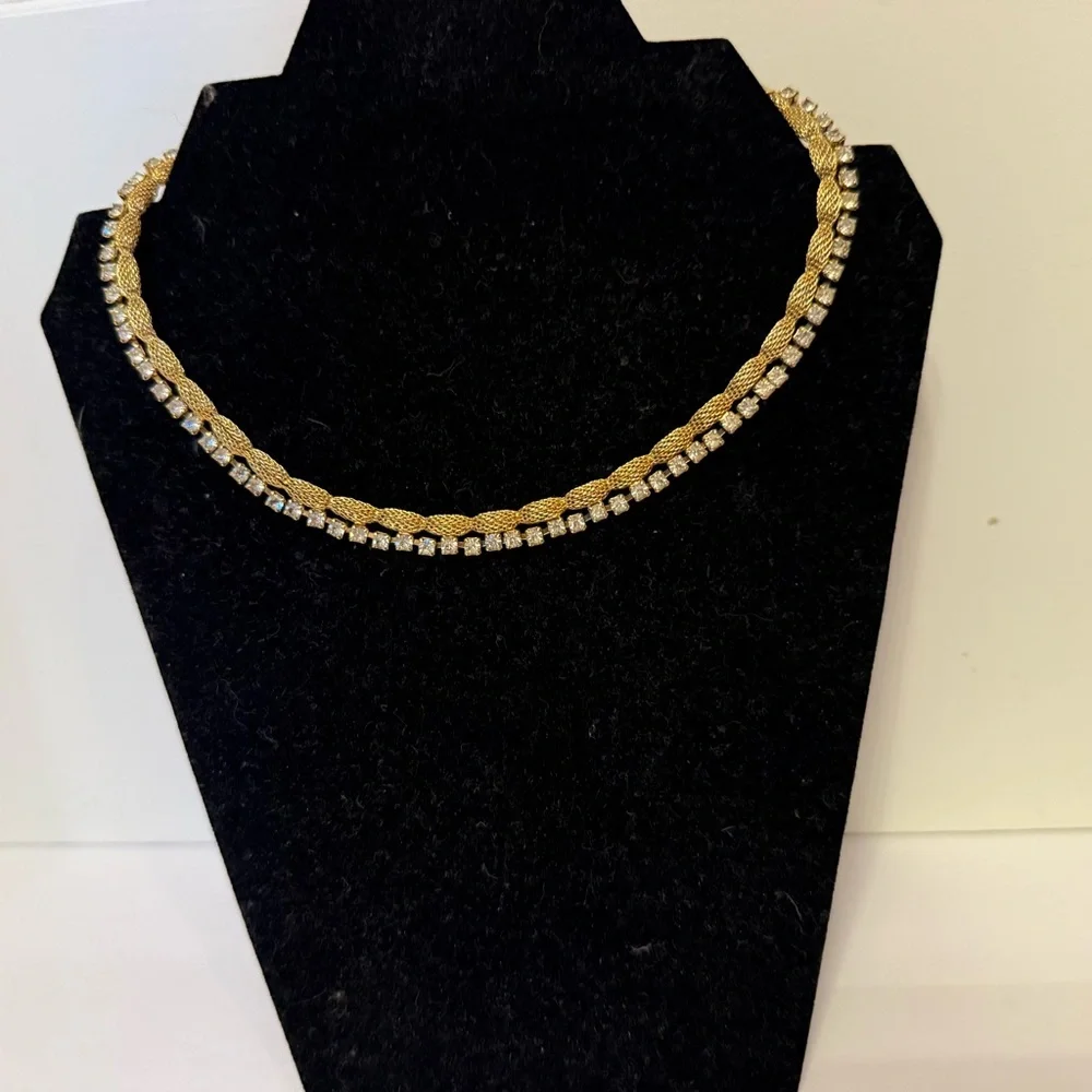 VINTAGE NECKLACE CHOKER GOLD TONE MESH CLEAR RHINESTONES 14” ADJUSTABLE JEWELRY